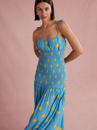 Andrea Blue Sunflower Print Maxi Dress