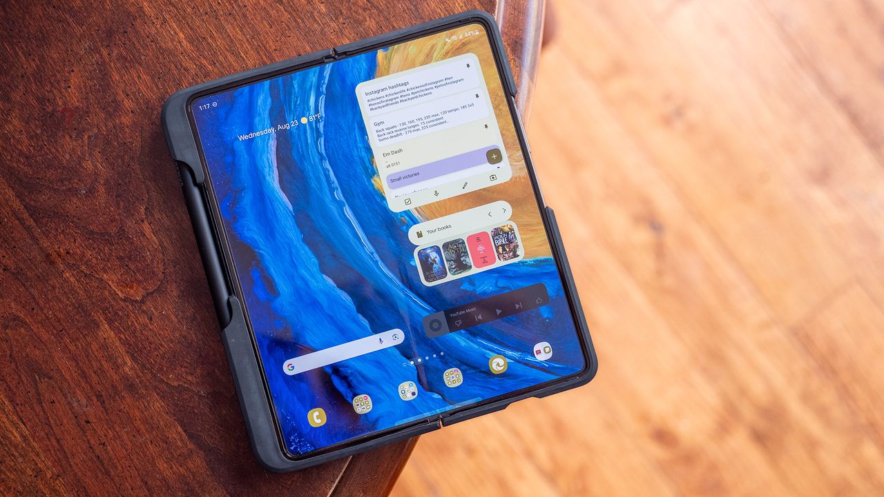 The Samsung Galaxy Z Fold 4 with the Spigen Thin Fit P case on it