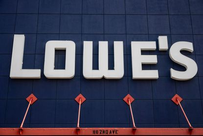 Closeup of Lowe&#039;s sign outside of storefront in Brooklyn, New York