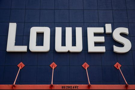 Closeup of Lowe's sign outside of storefront in Brooklyn, New York