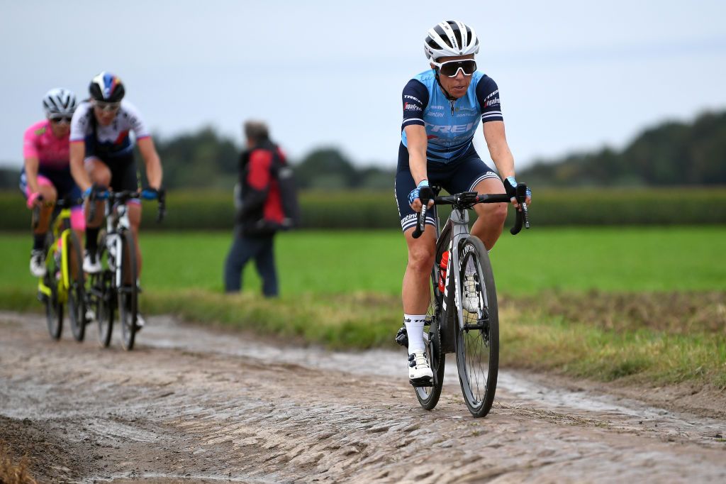 Trixi Worrack of Trek-Segafredo competes through cobblestones sector during the Paris-Roubaix 2021