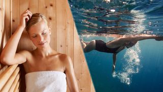 a photo of a woman in a sauna and another woman swimming in the sea