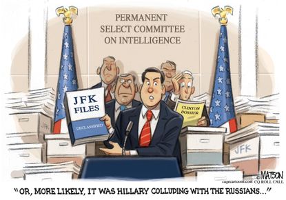 Political cartoon U.S. JFK files Clinton Russia dossier GOP