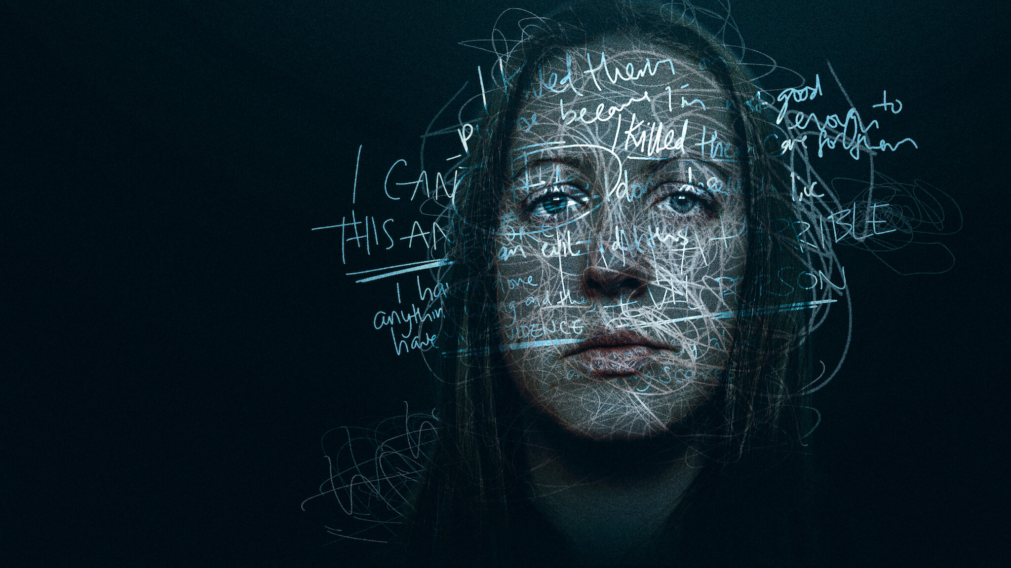 a promotional still from the documentary the investigation of lucy letby featuring writing over a woman's somber looking face