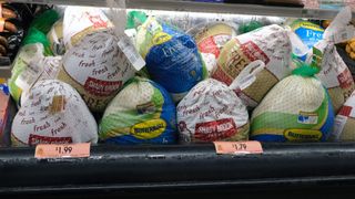frozen turkeys wrapped and on display in a grocery store freezer