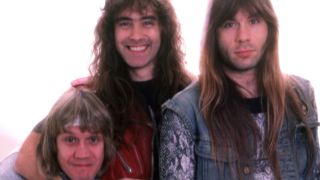 Steve Harris, Nicko McBrain and Bruce Dickinson of Iron Maiden in 1985