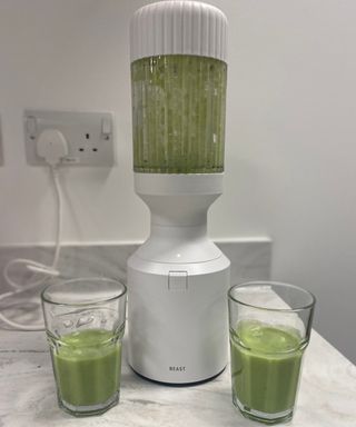 Prepared green smoothie in two glass tumblers