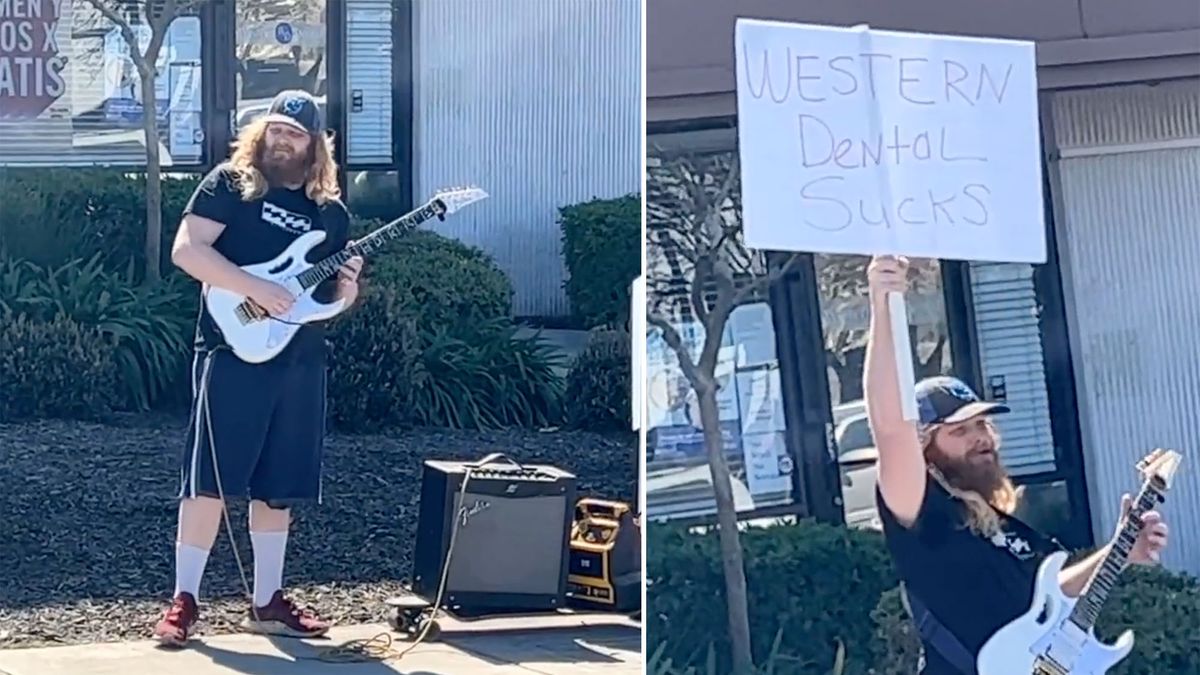 A man plays an Ibanez JEM guitar outside a dentist&#039;s office