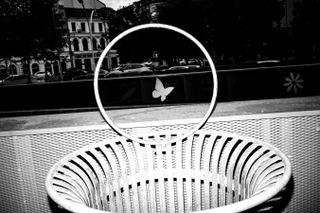 a black and white image of a bin with a hoop and a butterfly above it, taken with flash at night