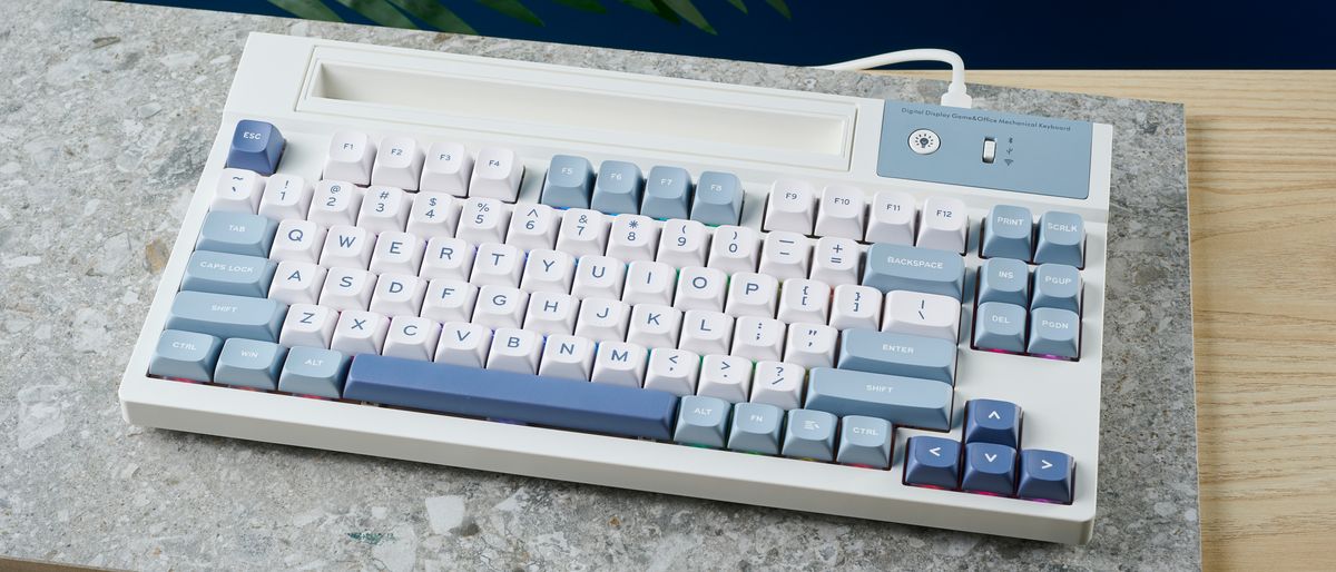 A blue and white Epomaker DynaTab75 wireless mechanical keyboard