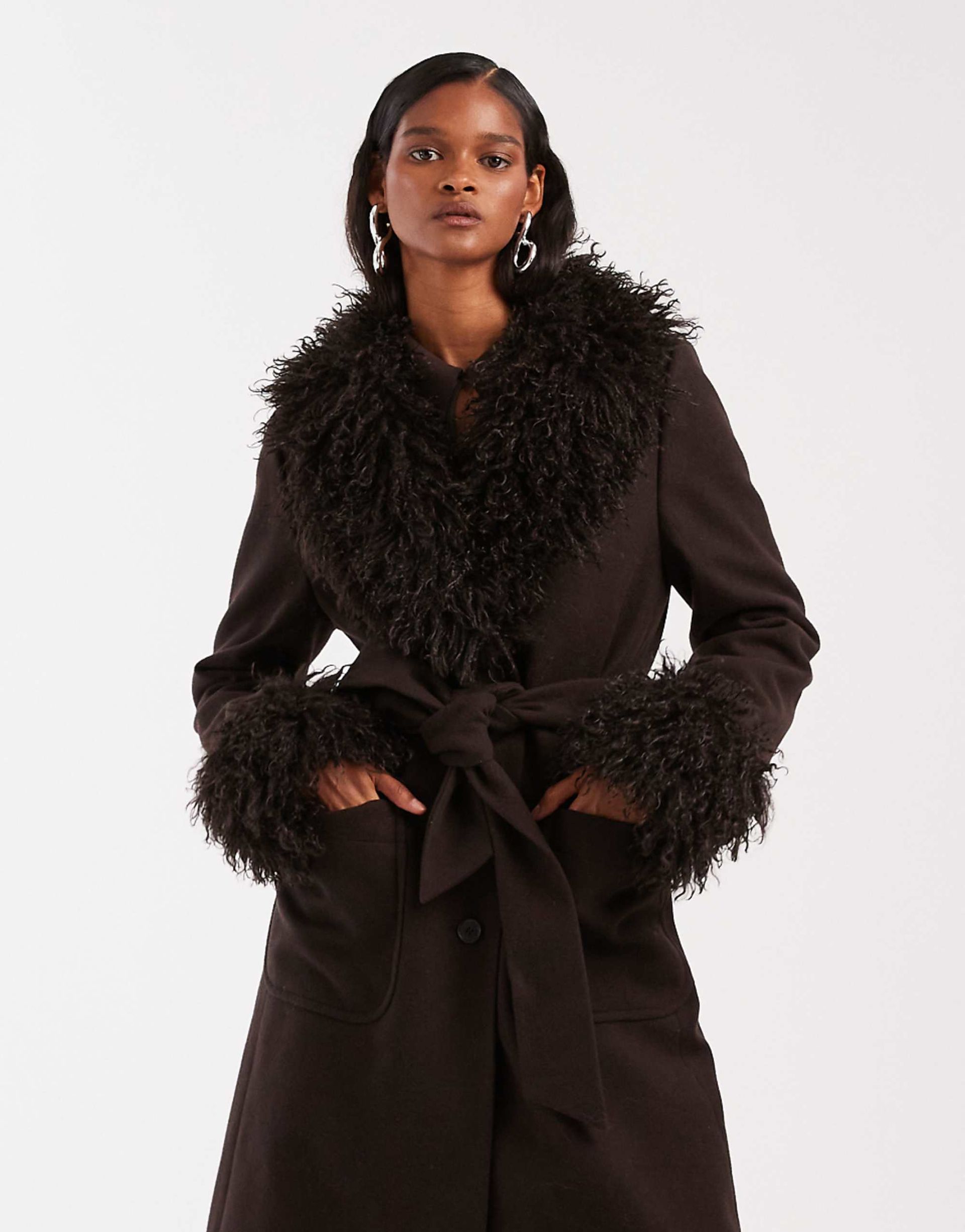 &amp; Other Stories Wool Belted Midaxi Coat in Brown With Faux Fur Trim
