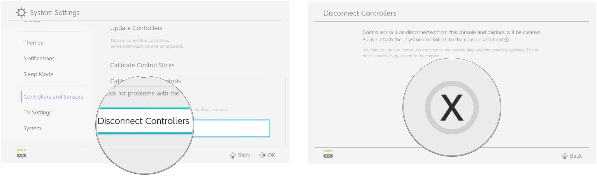 Selet Disconnect Controllers then press the X button after attaching the controllers to the Switch