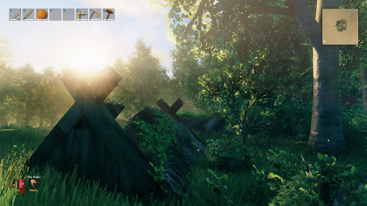 Valheim old log cabin with depth of field on and off