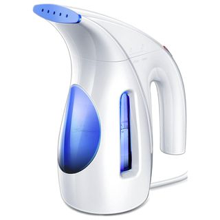 A white and blue clothes steamer