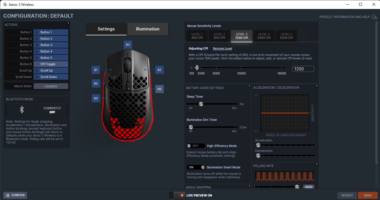 En skärmdump från SteelSeries GG-mjukvaran som visar inställningarna för SteelSeries Aerox 3.