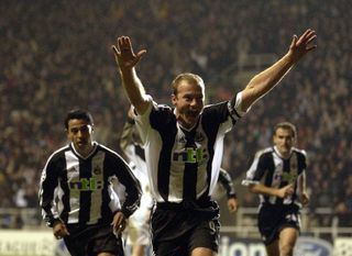 Alan Shearer celebrates a goal for Newcastle United against Dynamo Kyiv in October 2002.