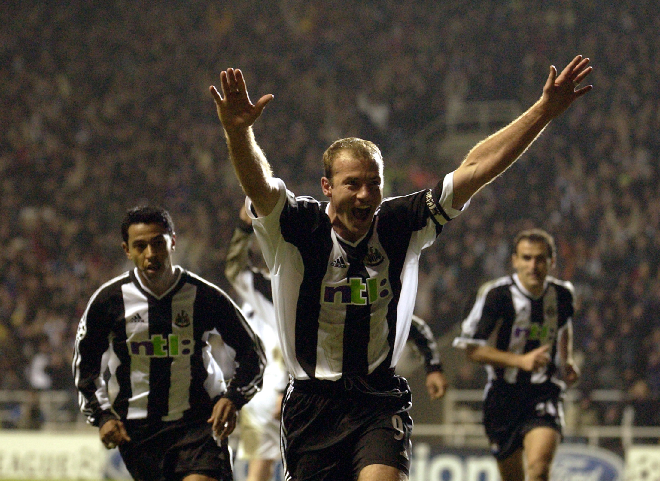 Alan Shearer celebrates a goal for Newcastle United against Dynamo Kyiv in October 2002.