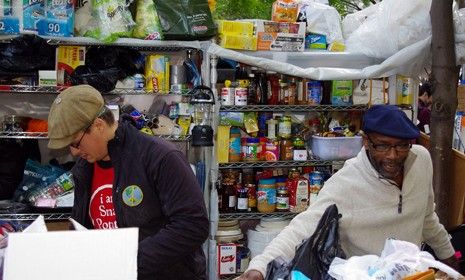 A makeshift kitchen at Zuccatti Park: Some Occupy Wall Streeters are reportedly tired of shelling out their organic goods to the homeless parading as protesters.