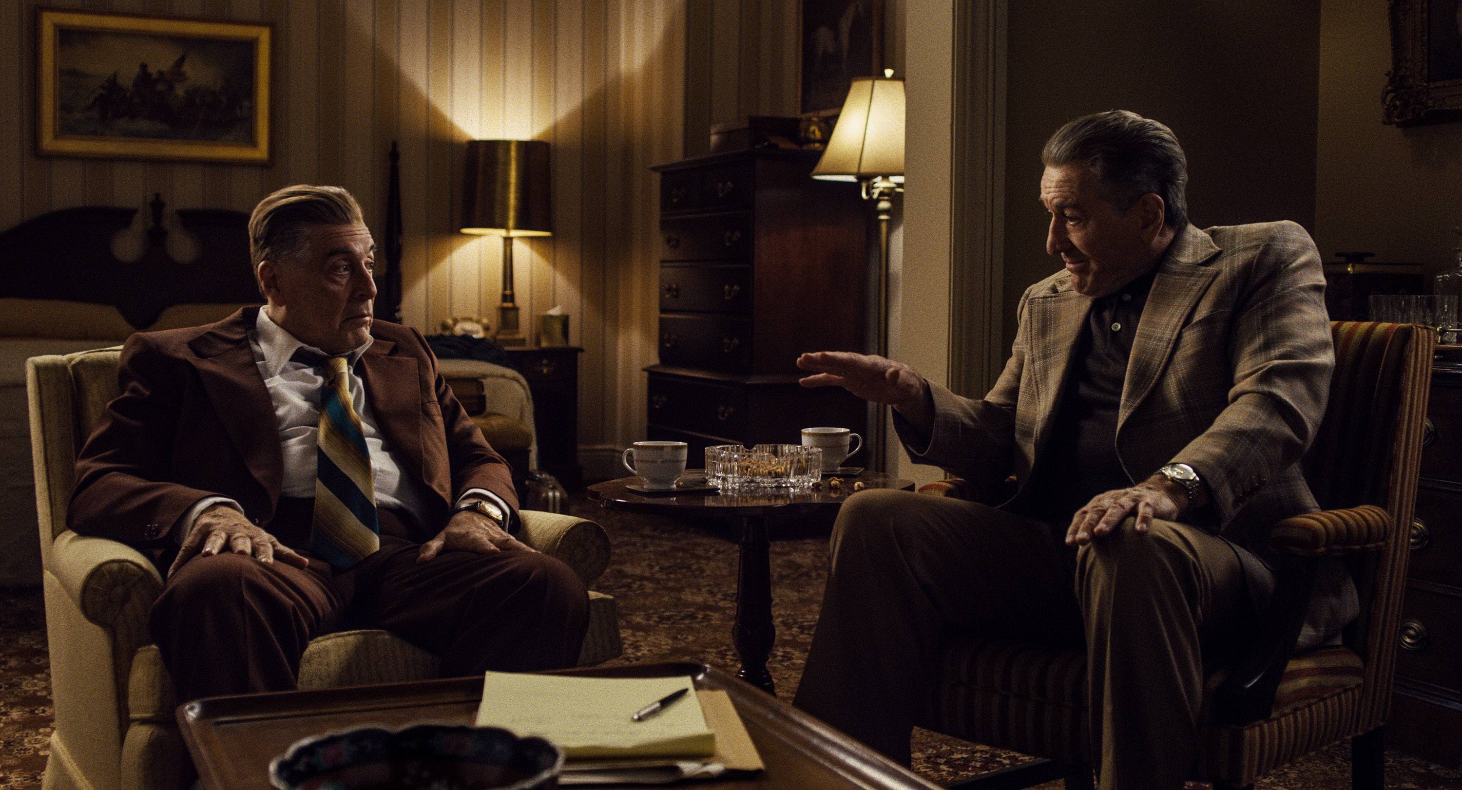 Jimmy Hoffa (Al Pacino) and Frank Sheeran (Robert De Niro) debate Hoffa’s next move.