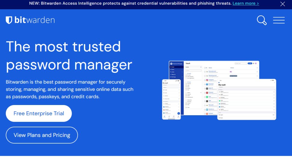 Bitwarden website screenshot (May 2025).