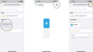 How to create an accessory automation in the Home app on the iPhone by showing steps: Tap an Accessory to change state, Tap X, Tap Done.
