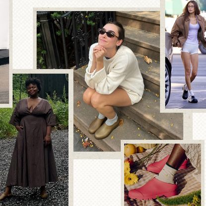 graphic of the garden clogs trend of Bella Hadid wearing clogs, women wearing Plasticana Gardana clogs, Hunter clogs, and Seavees clogs