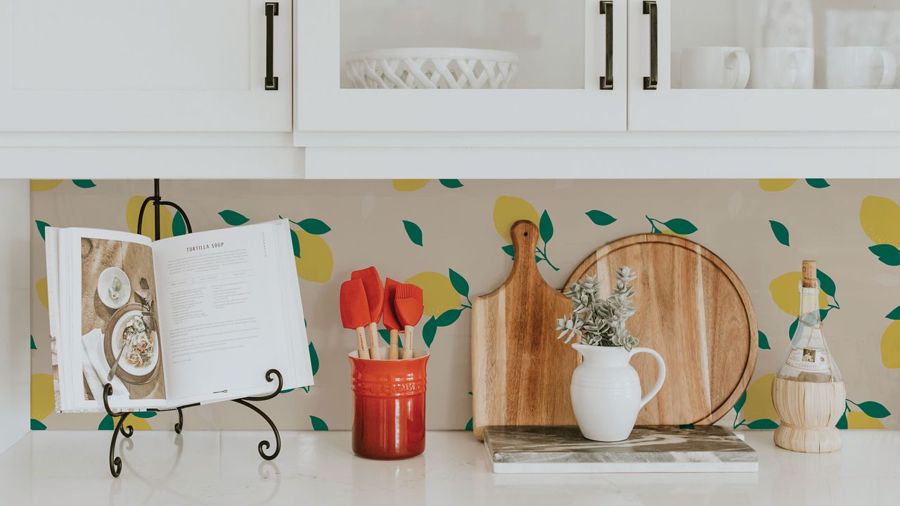 Kitchen backsplash with lemon peel-and-stick wallpaper