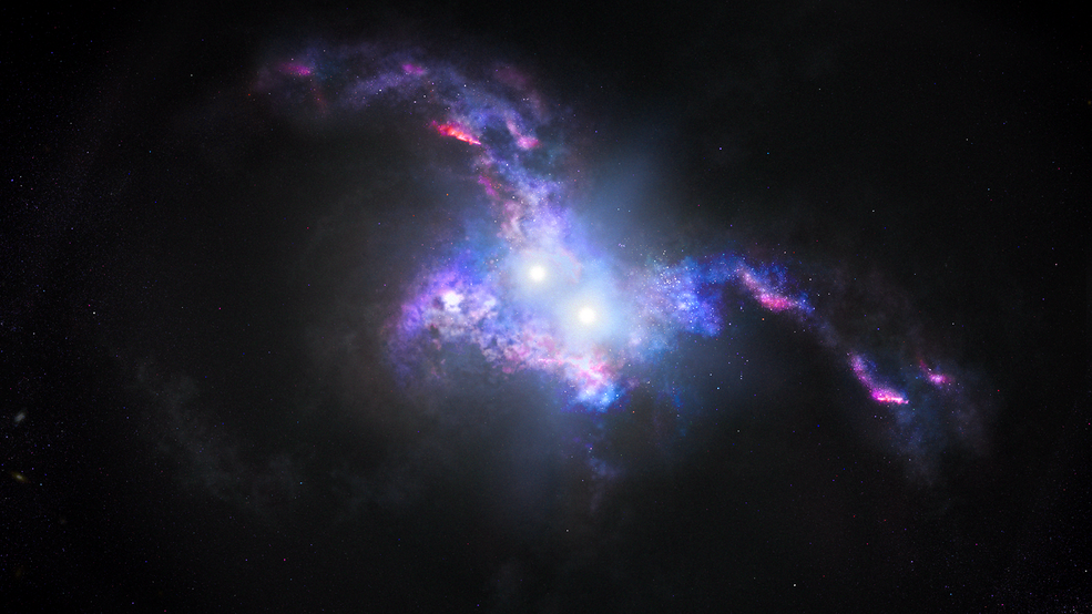 An artist&#039;s rendering of the double quasar, located in two merging galaxies about 10 billion light-years away. 