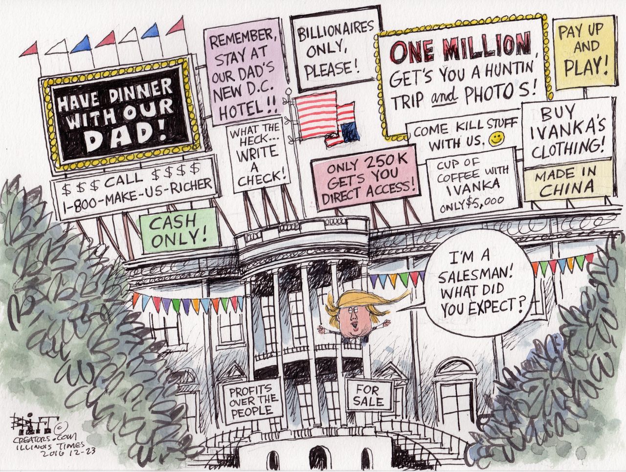 Political cartoon U.S. Donald Trump White House salesman