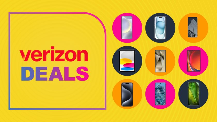 Verizon logo on yellow background with assorted phones collage