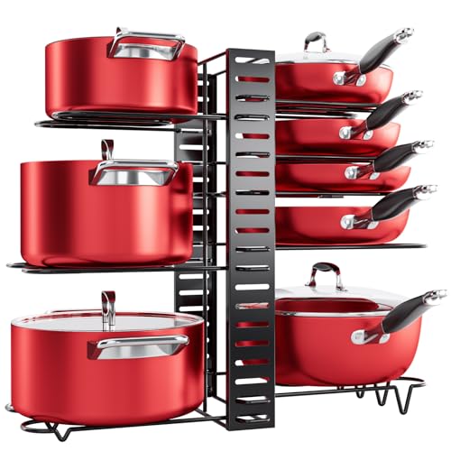 Mudeela Pots and Pans Organizer Rack Under Cabinet, 8-Tier Kitchen Organizers and Storage Pot Racks, Adjustable Pot Organizers Inside Cabinet With 3 Diy Methods