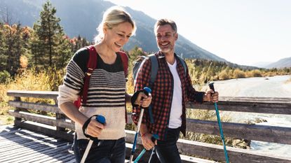What is Nordic Walking? Image shows couple nordic walking in the Alps