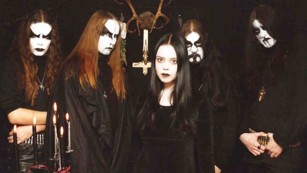 The black metal band Gehenna posing for a photograph in corpse paint in the mid-90s