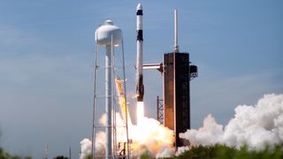 A SpaceX Falcon 9 rocket launches Axiom Space's Ax-1 mission to the International Space Station on April 8, 2022.