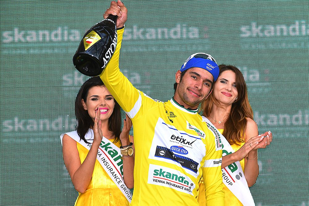 Fernando Gaviria (Etixx-QuickStep) in the leader's jersey in Poland