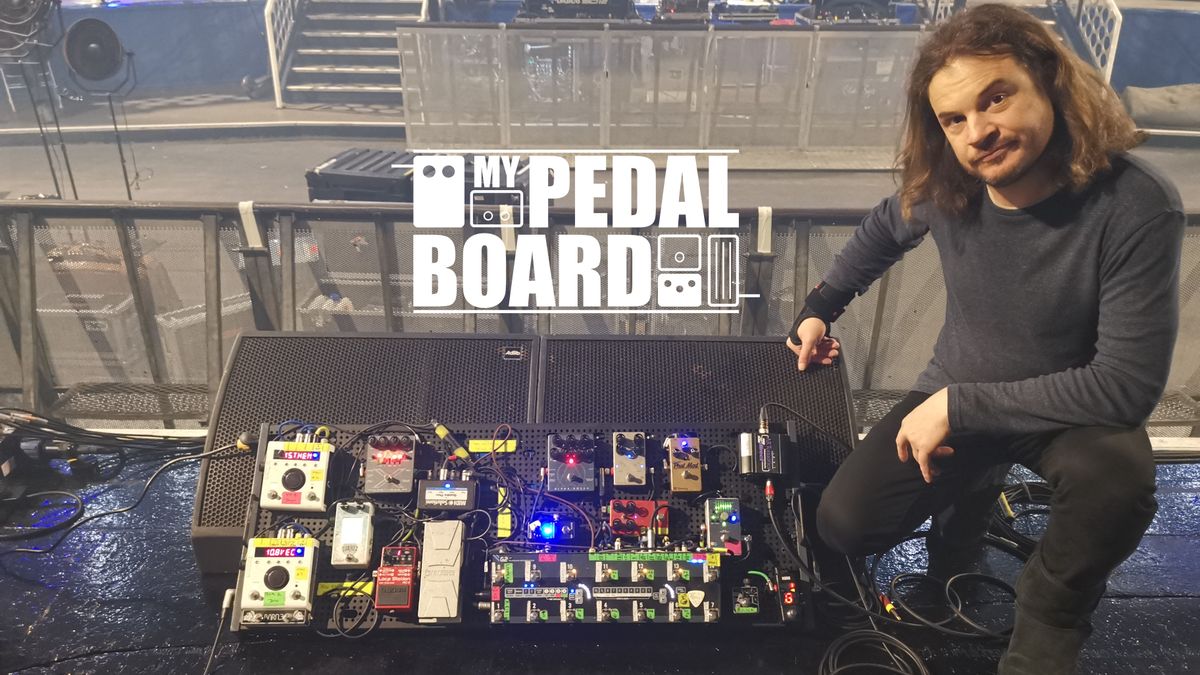 Jon Stockman, bassist with Karnivool, and his pedalboard