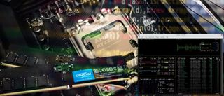 An AMD CPU and Crucial RAM next to a screenshot of bpytop