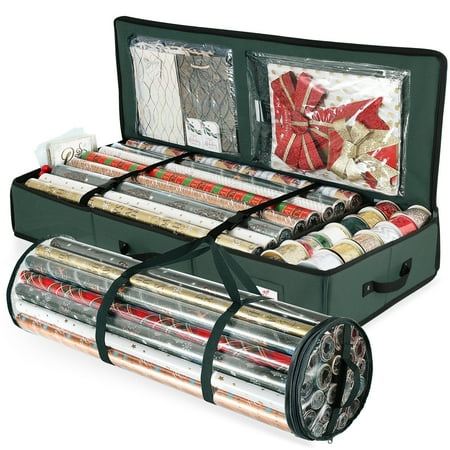 Lammaloe Set of Holiday Christmas Wrapping Paper & Holiday Accessories Storage Box - 40 X 14 X 6 Inch Plus Wrapping Paper Storage Bag, Slim Underbed Design Gift Wrap Organizer, Green