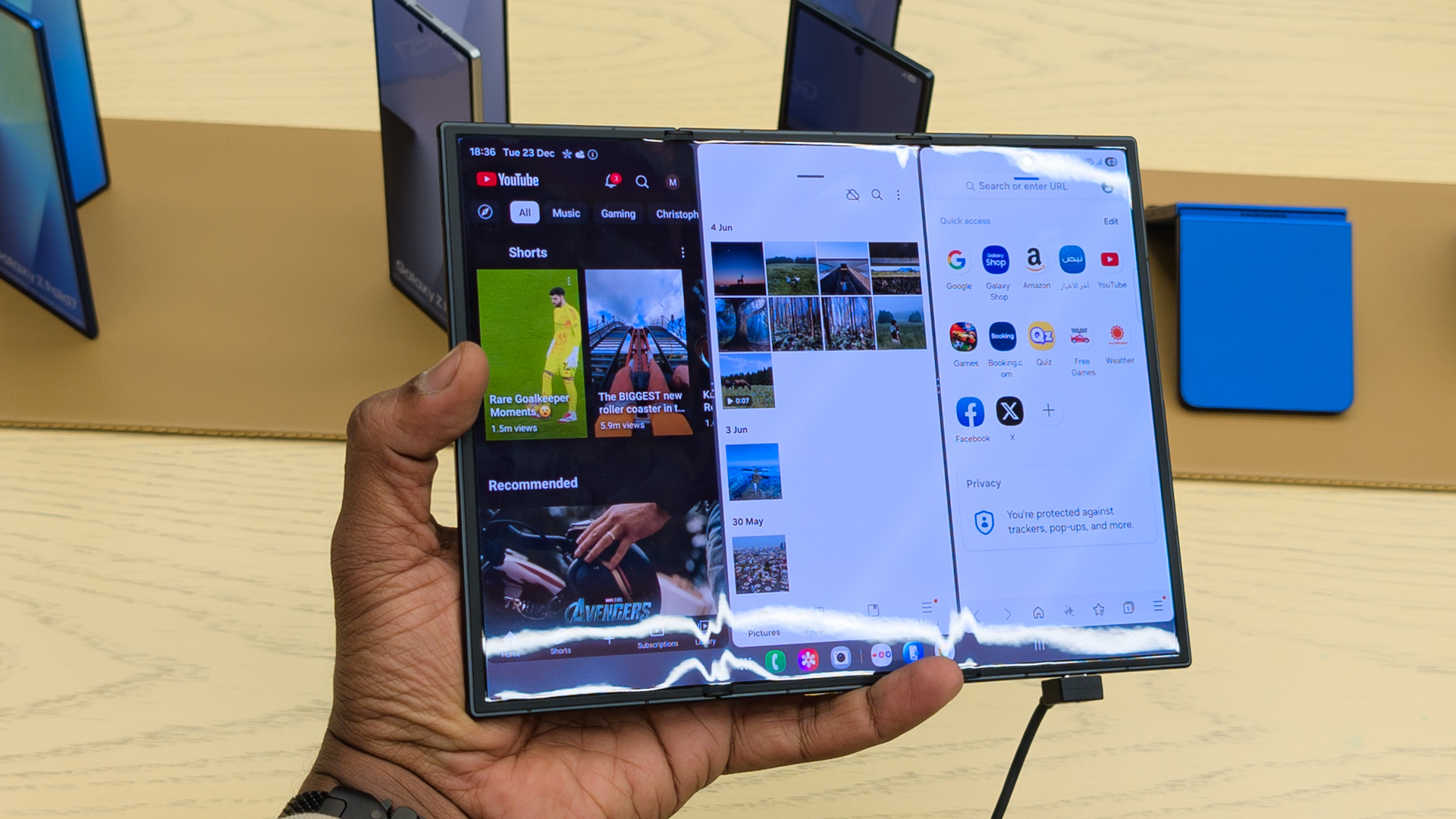 Samsung Galaxy Z TriFold on display at a Samsung store in Dubai Hills Mall, Dubai, UAE.