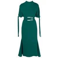 High Draped Neck Dress with Dropped Shoulders, Tie Detail Sleeves and Fitted Flare Skirt - £785 at Edeline Lee