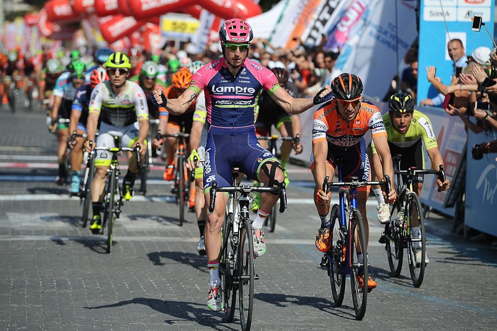 Sacha Modolo of Lampre-Merida reacts after winning Stage 4 of the 2016 Tour of Turkey