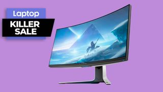 Alienware 38 inch curved monitor with killer sale badge againgst a purple background
