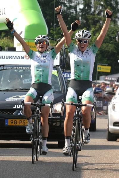 Winner, winner: Nederland Bloeit riders Loes Gunnewijk and Marianne Vos celebrate as they take first and second in the national championships race.
