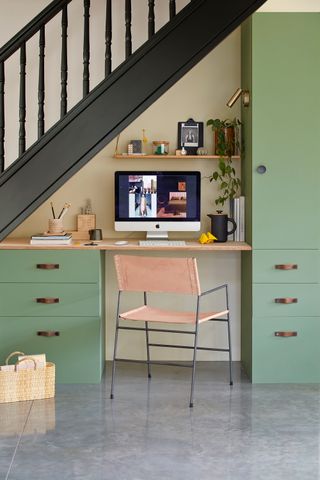 Home office under stairs with Ikea Metod cabinets