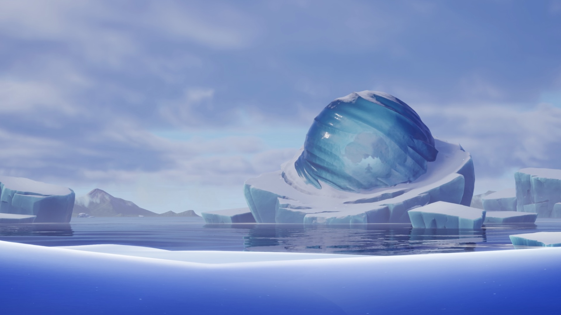 An icy orb, sitting in a snowy plain