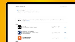 A MacBook on a yellow background showing a subscription cancellation page on the App Store