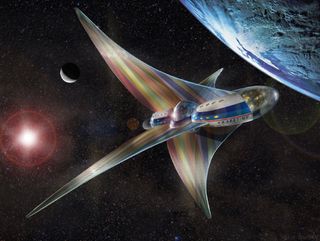 An artist’s illustration of a futuristic spacecraft predicts humanity’s future in the cosmos.