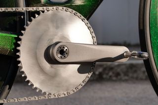Detail of Sturdy Cycles crankset used on custom Scott Foil Liquid road bike