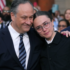 Second gentleman Doug Emhoff and Ella Emhoff react after Democratic presidential nominee, U.S. Vice President Kamala Harris conceded the election in a speech at Howard University on November 06, 2024 in Washington, DC.