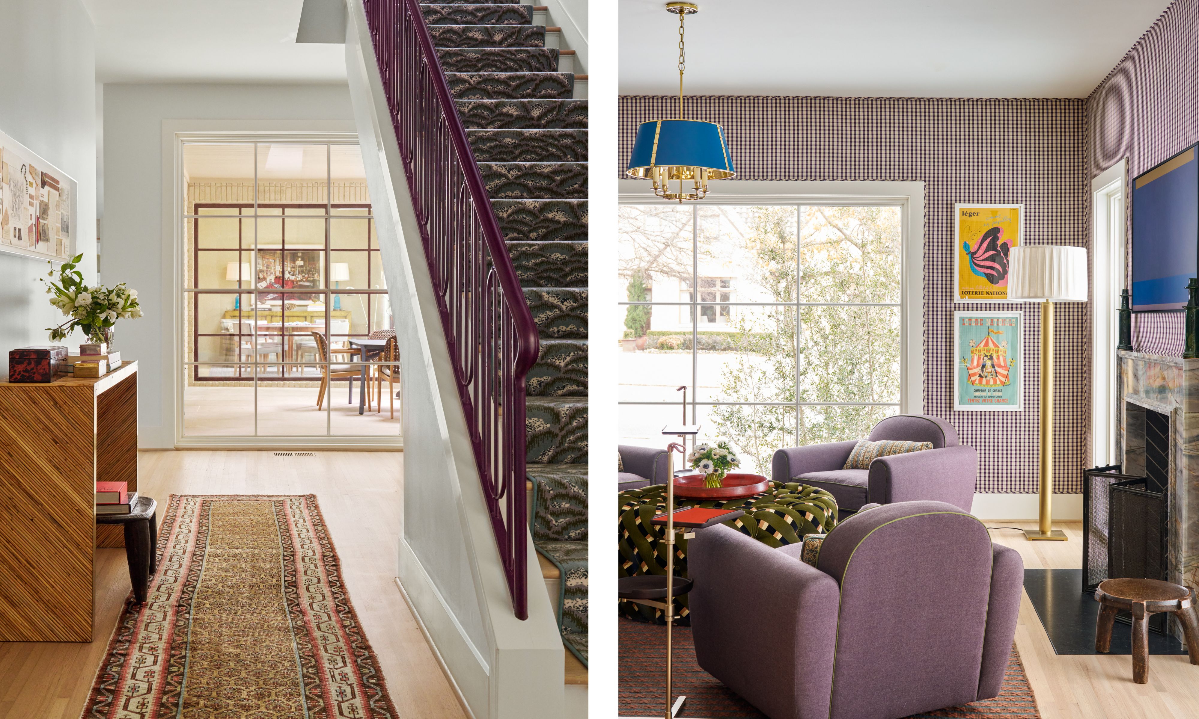 Split image: (left) A bright entryway with light wood flooring, a colorful patterned runner, a slatted wood console table, and a staircase with a plush patterned runner and a bold purple railing, leading to glass doors. (right) A cozy living room featuring purple velvet, rounded armchairs, a patterned olive green ottoman, a checkered purple and white wallpaper, a brass floor lamp, and a modern blue and gold chandelier.